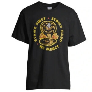 Cobra Kai Men’s Small T-Shirt Strike First Strike Hard No Mercy Black Tee